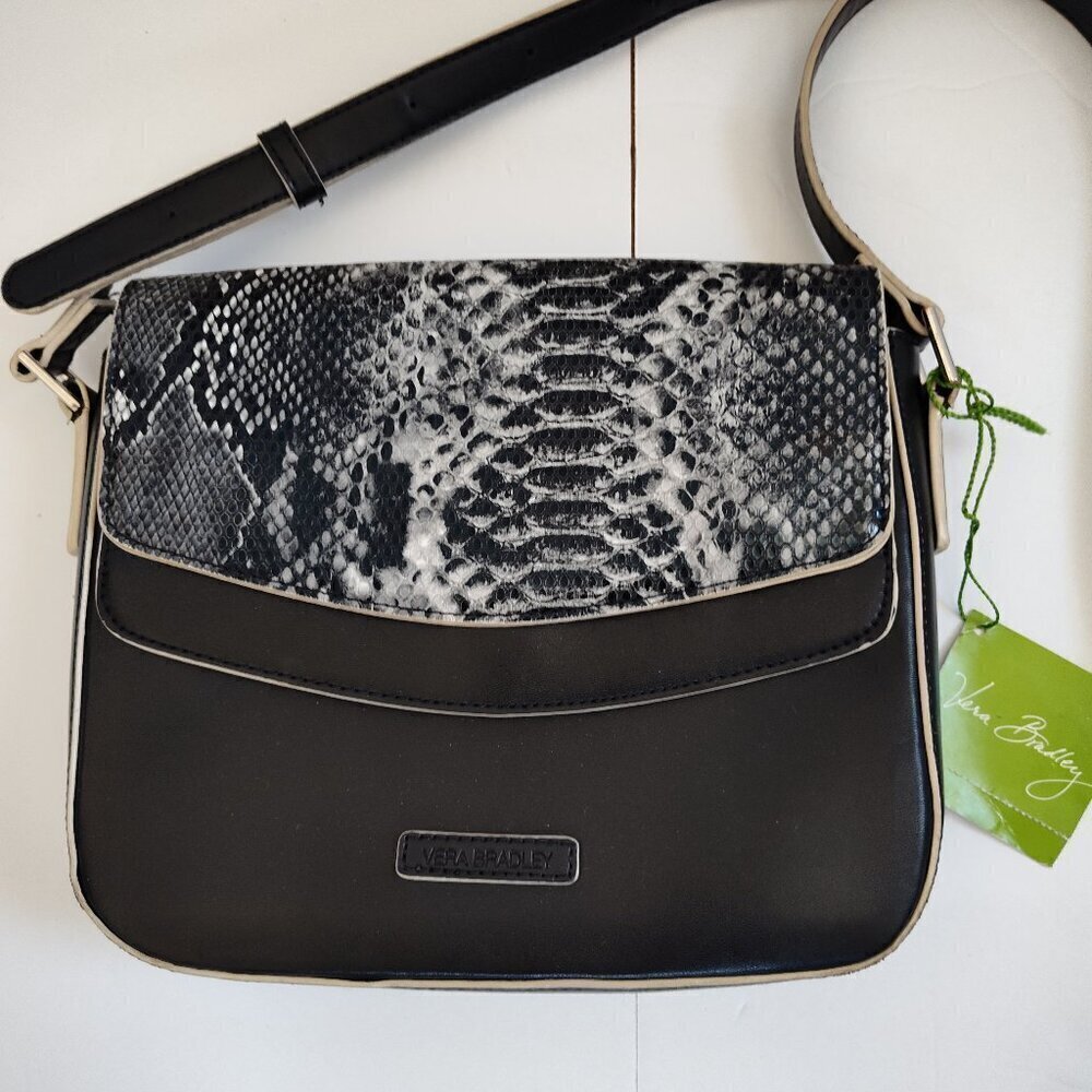 Vera Bradley Twice as Nice Black Double Flap Faux Leather Snakeskin Cros…